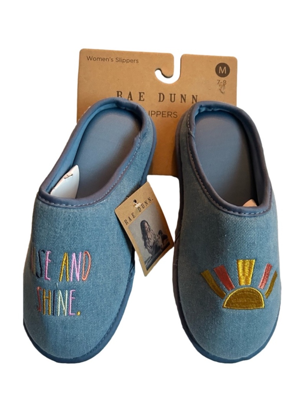 Rae Dunn Woman’s Denim Slippers Rise & Shine NWT